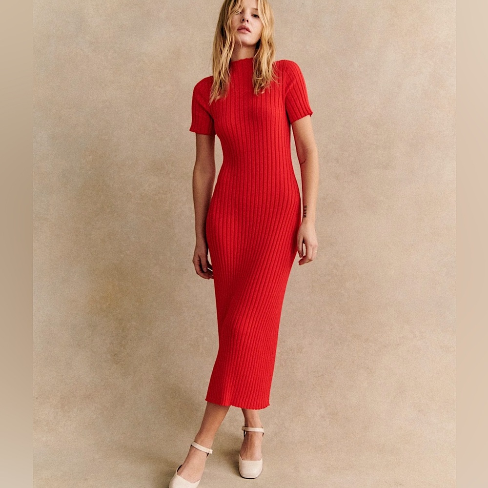 Sezane Robe Suzanna Rouge Rib knit Dress Small NWT